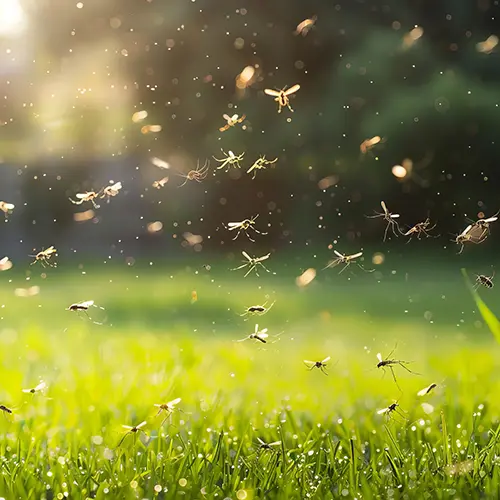 Swarm of of mosquitoes on a sunny day