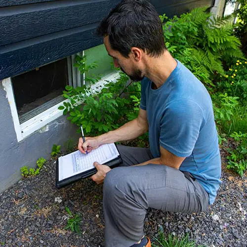 Technician inspecting the outside basement windows of house with a clipboard