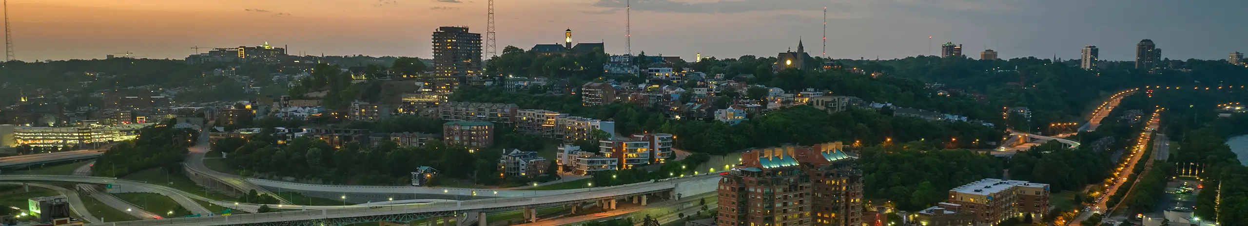 Overhead view of a city in Ohio at dusk